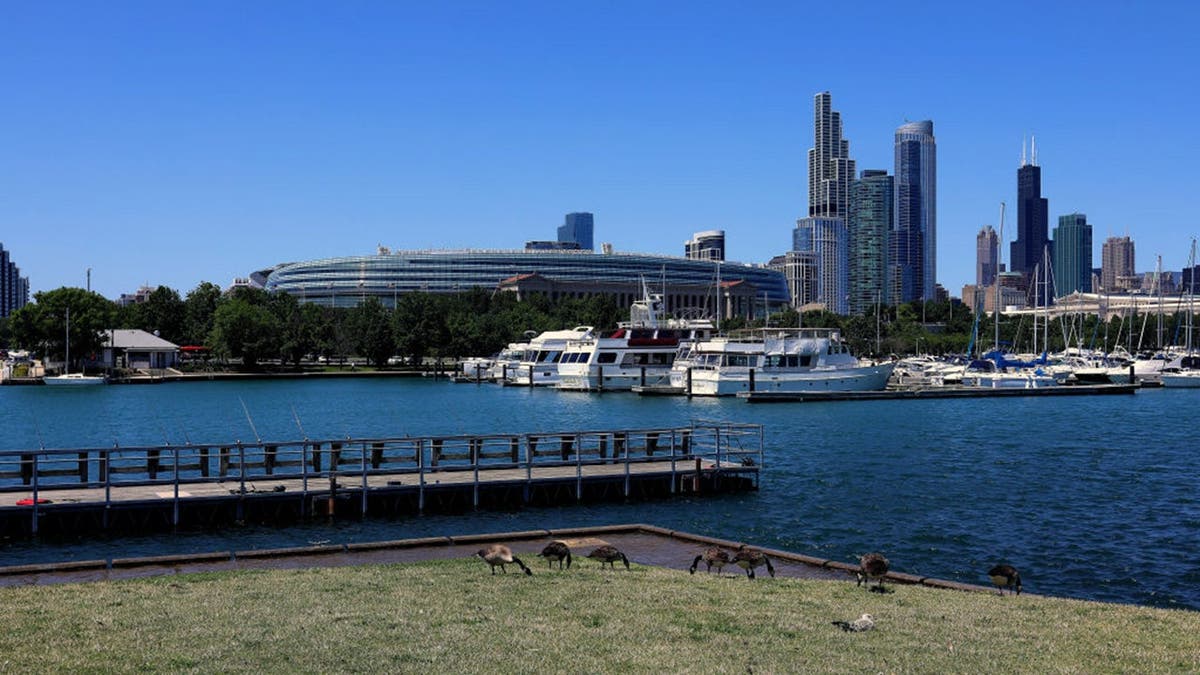 Soldier Field, home of the Chicago Bears, stands near Burnham Harbor in Chicago.