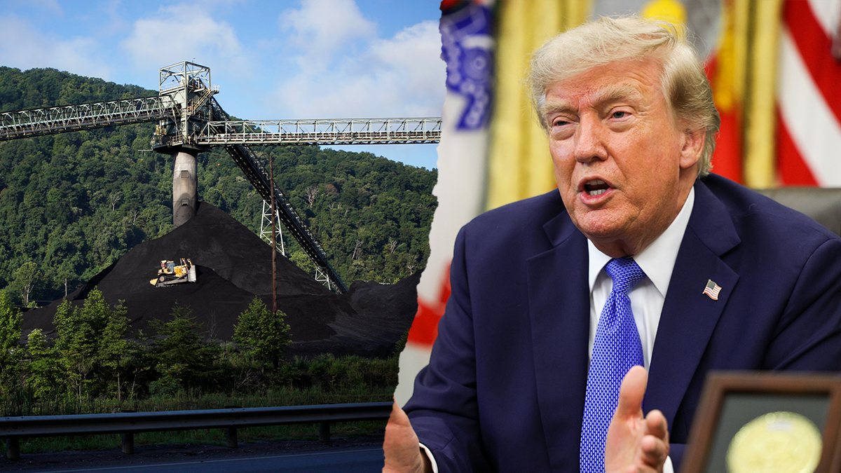 A split image of Mammoth Preparation Plant in London, West Virginia, U.S and President Donald Trump