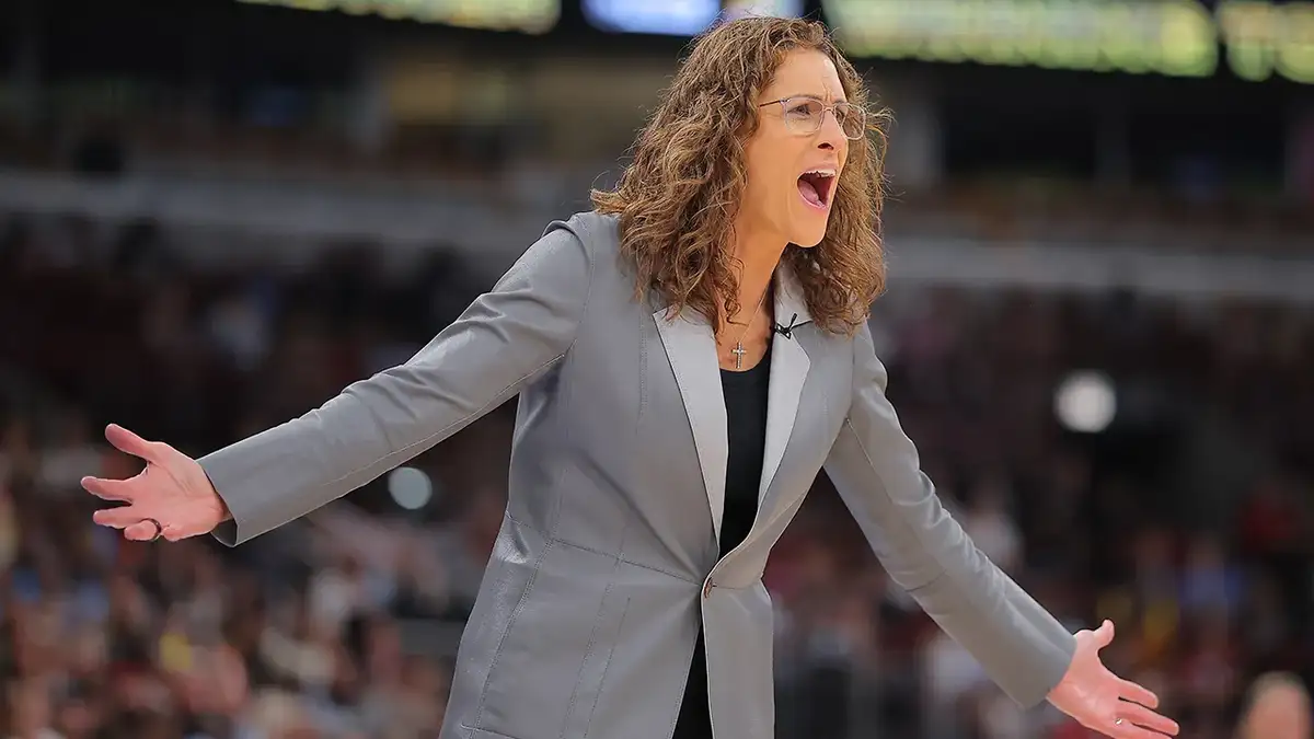 Stephanie White reacts during an Indiana Fever game at the United Center in Chicago.