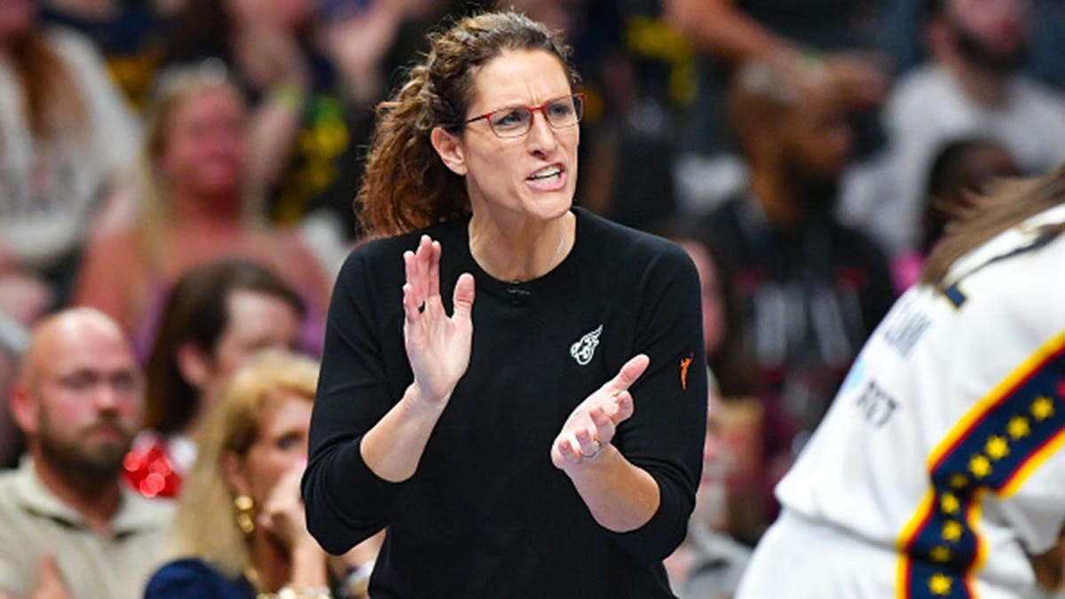 Stephanie White of Indiana reacts during a WNBA game at State Farm Arena.