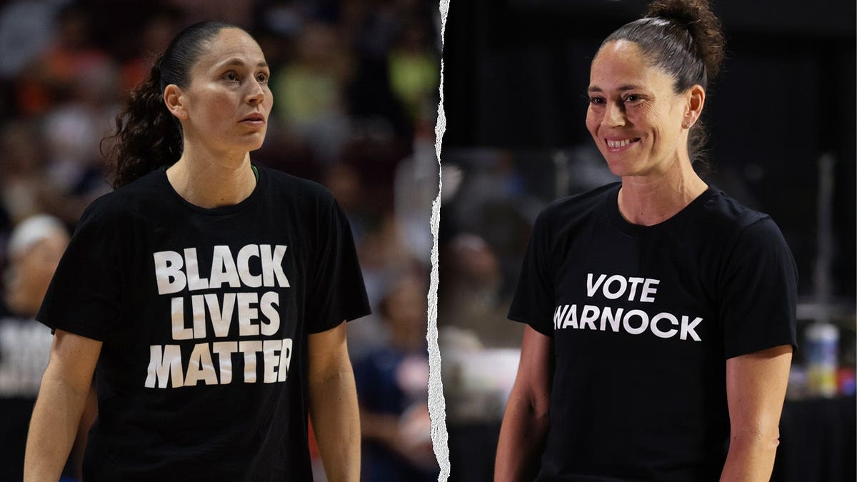 Sue Bird in 2020 wearing Black Lives Matter and Vote Warnock T-shirts in side-by-side photos at a basketball arena.