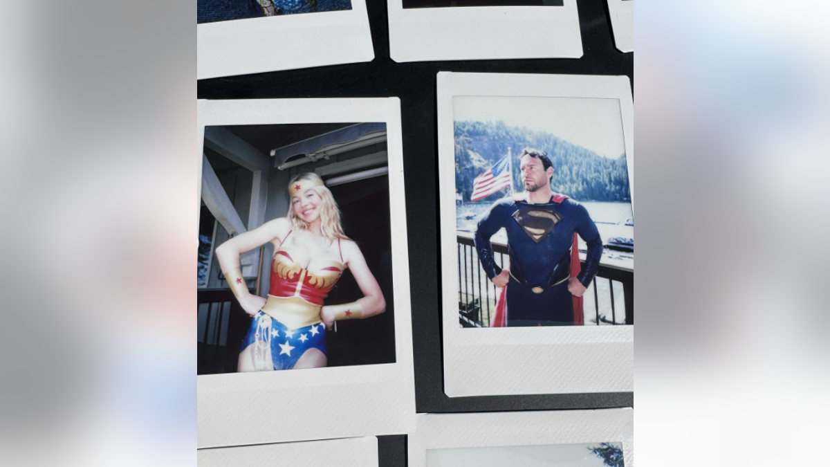 Sydney Sweeney poses in a Wonder Woman costume beside a man dressed as Superman in separate photos.