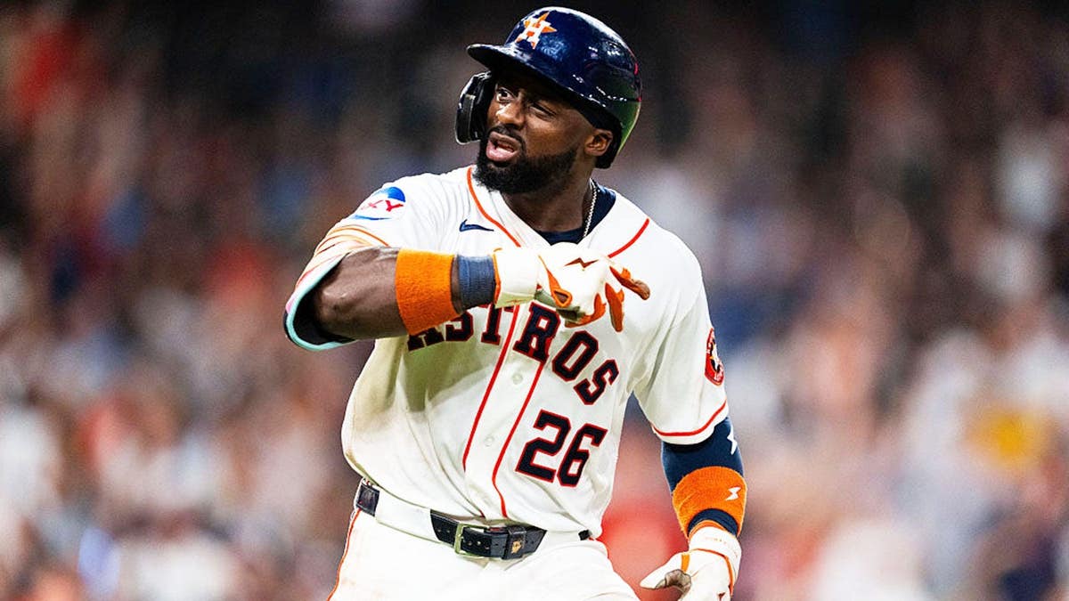Taylor Trammell reacts after hitting a three-run home run at Daikin Park.