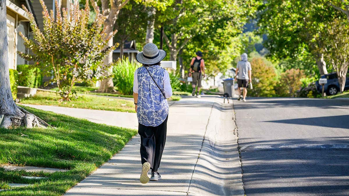 Three people walk on a pedestrian footpath in a leafy suburb.