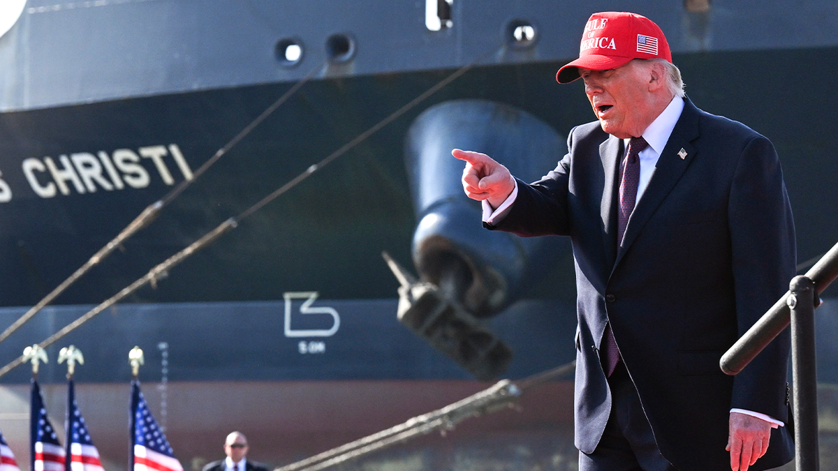 President Donald Trump speaks near oil tanker at Port of Corpus Christi.