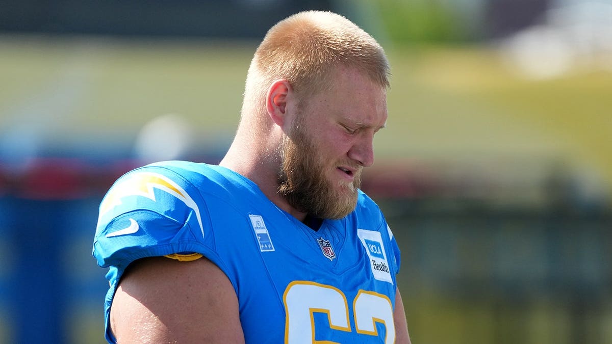 Tyler Biadasz, Los Angeles Chargers center, reacts during joint practice against the San Francisco 49ers.