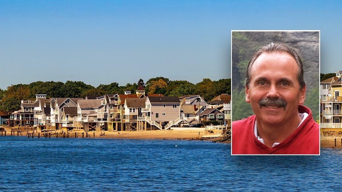 image shows beach town with smaller image if victim on right