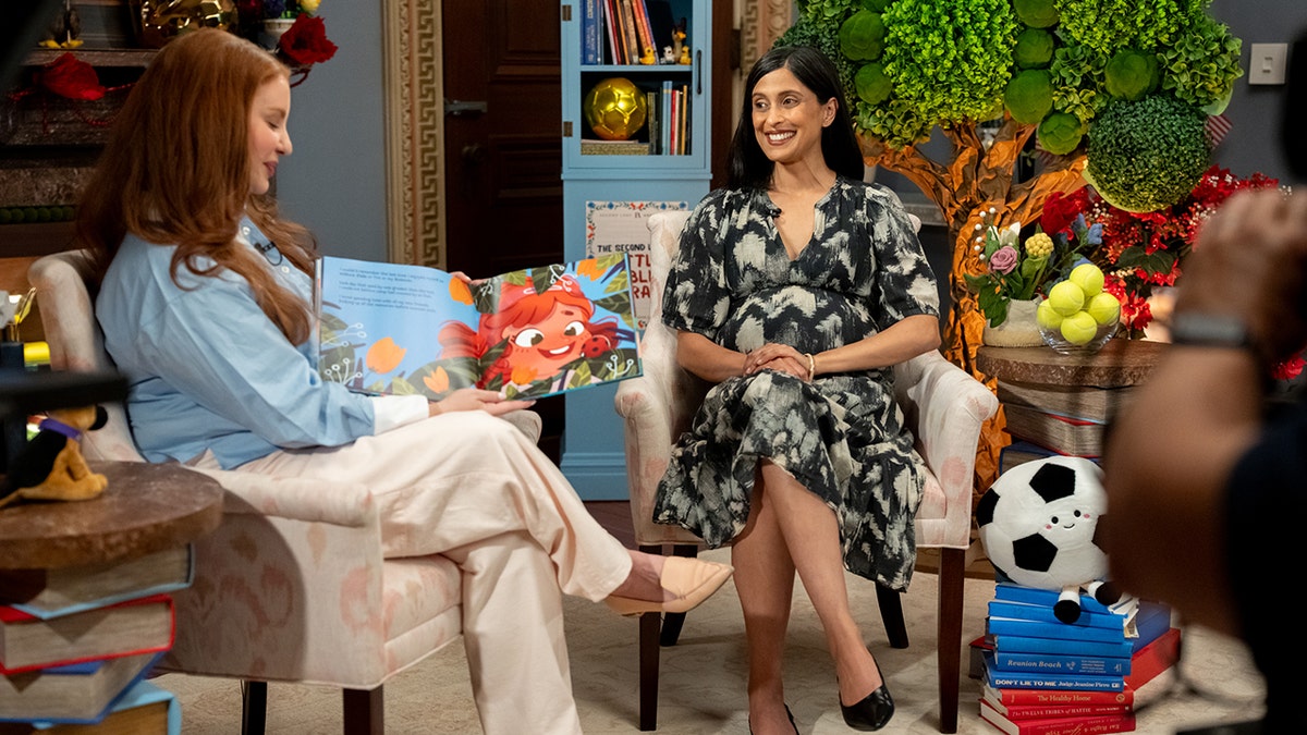 Usha Vance and Jackie Oshry on the set of Usha's podcast.