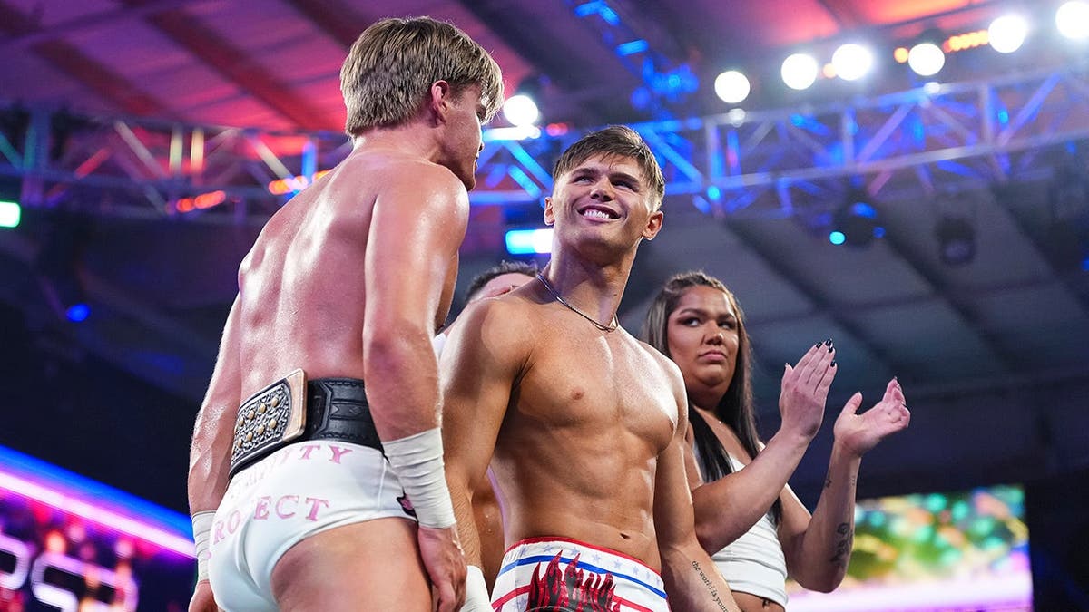 Brad Baylor, Jackson Drake and Myka Lockwood make their entrance at NXT.