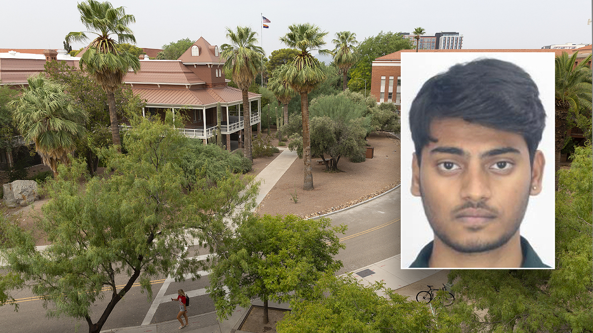 Composite image showing the University of Arizona campus and murder suspect Varun Batchigari