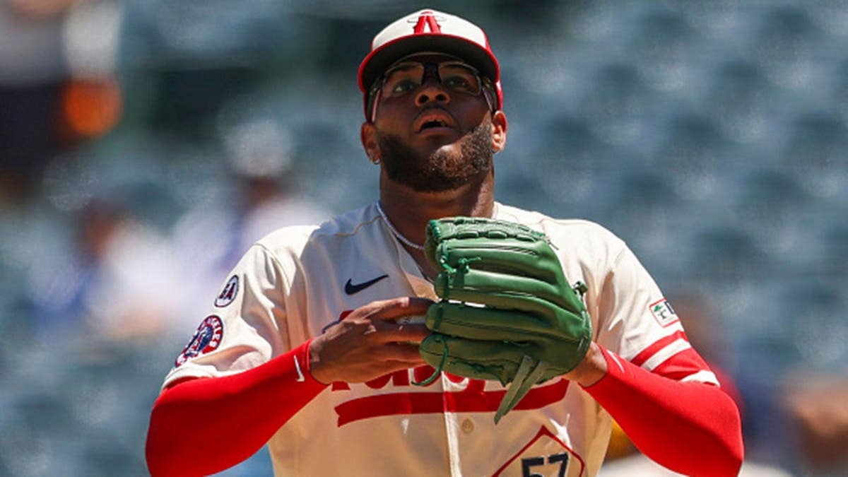 Walbert Urena of the Los Angeles Angels looks on during the sixth inning against the Milwaukee Brewers.
