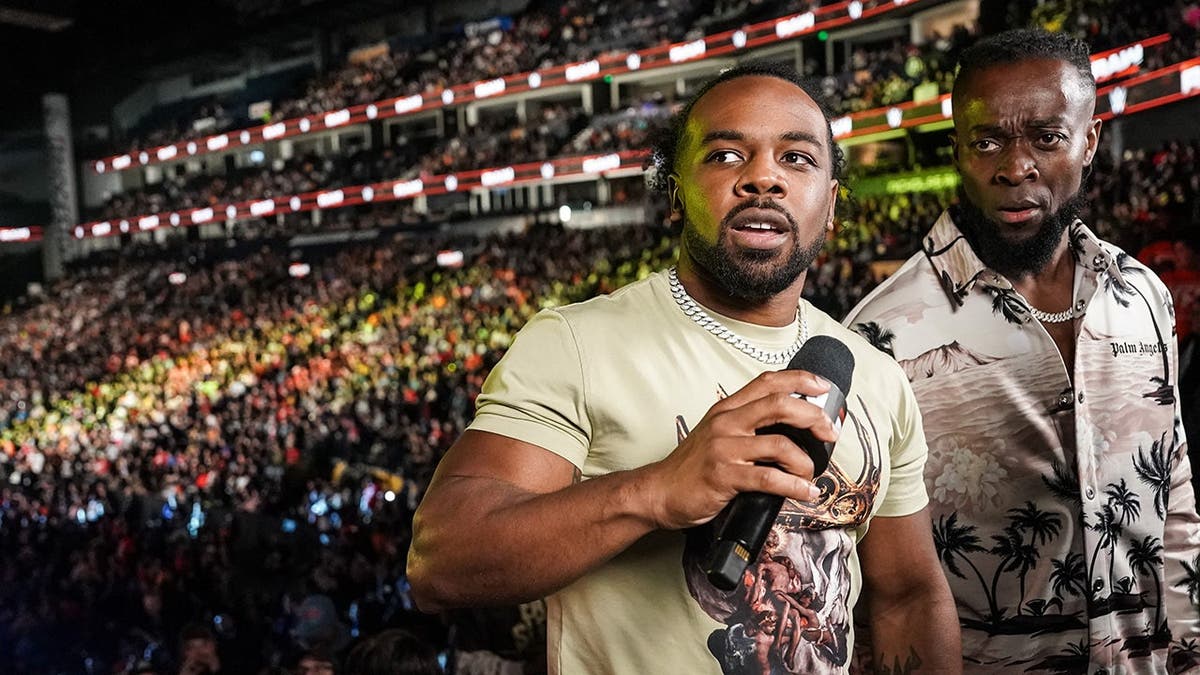 Xavier Woods and Kofi Kingston speak during Monday Night RAW at Bridgestone Arena.