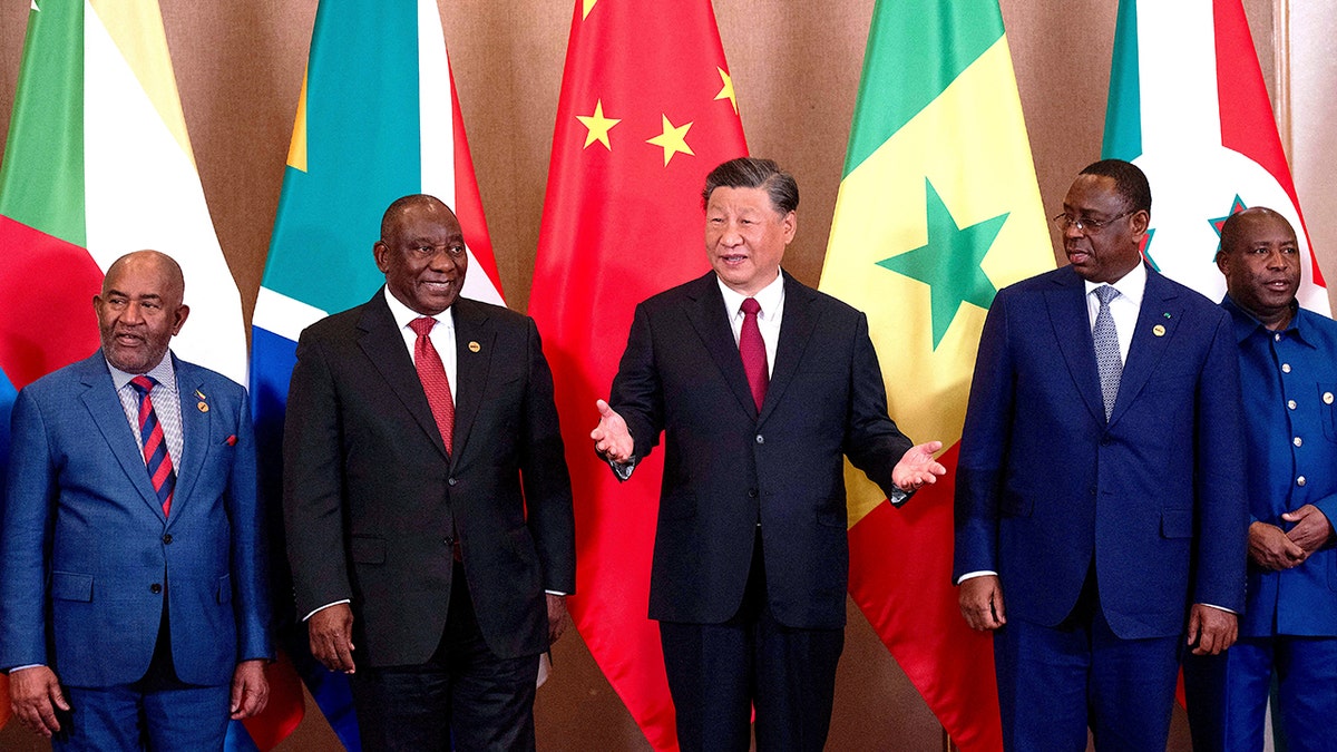 Xi Jinping with African leadersPresident of Comoros Azali Assoumani (L), South African President Cyril Ramaphosa, Presidnet of China Xi Jinping, and Senegalese President Macky Sall attend the China-Africa Leaders' Roundtable Dialogue on the last day of the 2023 BRICS Summit in Johannesburg on August 24, 2023.