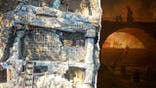 Split image of aerial view of barracks, archaeologists next to painting of Rome burning