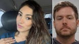 A split image shows a woman taking a selfie in a car on the left and a man's booking photo against a cinder-block wall on the right.