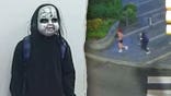 Split image showing a person in a cracked doll mask and hoodie beside surveillance footage of two people running along a street.