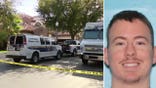 A split image showing police vehicles behind crime scene tape outside a home on the left and an ID photo of a young man with a goatee on the right.
