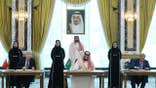 Turkish President Recep Tayyip Erdogan (L), Saudi Crown Prince Mohammed bin Salman (C), and Pakistani Prime Minister Shehbaz Sharif (R)