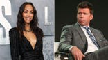 Side-by-side images of actress Zoe Saldaña on a red carpet and "Lioness" creator Taylor Sheridan seated during a panel discussion.