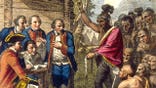 Painting of Native leader and colonist discussing smallpox