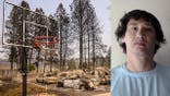 Split image of home damaged by Old Trails fire in Spokane, Washington, and a mugshot of Aaron Farinacci