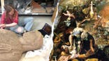 Split image of statue in lab setting, painting of Book of Revelation scene