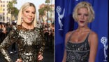 A side-by-side image shows Tori Spelling during her younger years on "Beverly Hills, 90210" and the actress at a recent public appearance.