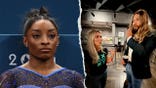 (Left) Simone Biles, (right) Riley Gaines and Royce White
