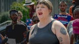 NY Assemblymember Emily Gallagher speaks at a rally in Manhattan.