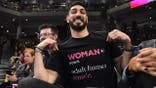 Enes Kanter Freedom stands prior to a game at Wintrust Arena in Chicago.