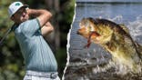 split image of golfer Charles Schwartzel and a largemouth bass