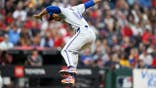 Jefry Yan celebrates after striking out Angel Martínez during his major league debut at Progressive Field.