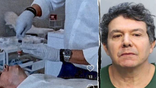 A surgeon performs work and Joao Araujo appears in a mugshot-style image in a split image