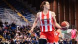 Julie Tetart stands on the basketball court during a French second-division basketball game in Reims, France.