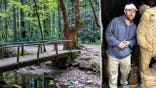foot bridge in wilderness split with photo of Marcin Bachleda-Blaszczak smiling