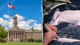 image shows split photo of Penn State campus and cocaine