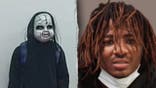 image shows suspect in mask on left and previous mugshot of suspect on right