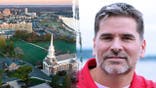 image shows split of university campus on left and image of Kohut on right