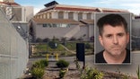 Inset of Shane Gledhill mugshot and Santa Barbara County jail stands behind chain-link fencing topped with razor wire.