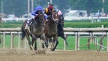 Sovereignty, with Junior Alvarado up, breaks in front against Journalism with Umberto Rispoli up and Rodriguez with Mike E. Smith up down the stretch of the 2025 Belmont Stakes at Saratoga Race Course.