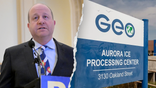 A split image of Gov. Jared Polis and GEO