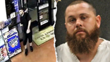 A split image shows a still frame taken from surveillance video of an unidentified male suspect on the left and wanted 33-year-old Alex James Barnett on the right
