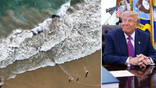 Ocean waves break along a beach beside President Donald Trump seated in the Oval Office