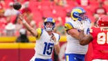 Ty Simpson, Los Angeles Rams quarterback, throws a pass during the second half against the Kansas City Chiefs.
