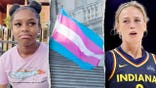Split of a woman, trans flag and Sophie Cunningham