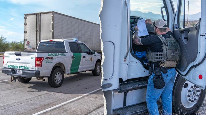 A Customs and Border Protection vehicle pulls over a commercial tractor trailer, left, pictured alongside an officer speaking to a driver, right.