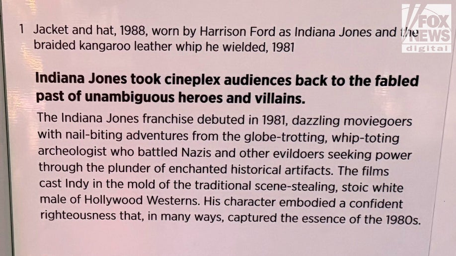In this Entertainment Nation exhibit, curators rib Indiana Jones as a "stoic white male." (Robert Schmad/Fox News Digital)