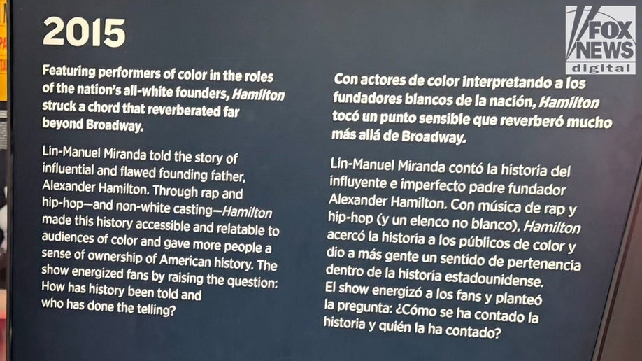 A National Museum of American History placard admonishing Alexander Hamilton and praising Lin-Manuel Miranda for casting people of color to play the founding fathers. (Robert Schmad/Fox News Digital)