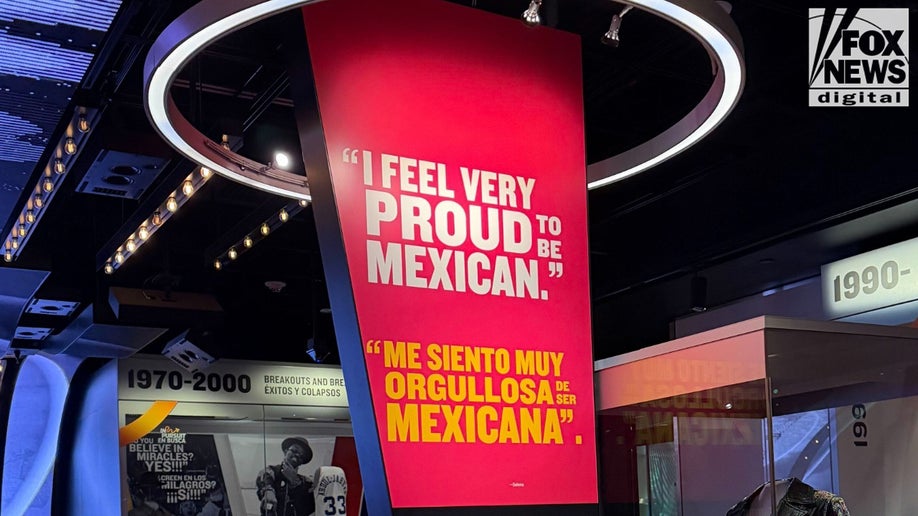 A sign reading "I feel very proud to be Mexican" in the Entertainment Nation section of the National Museum of American History. (Robert Schmad/Fox News Digital)