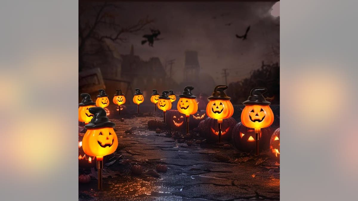 These solar pumpkin lights stake directly into the ground.